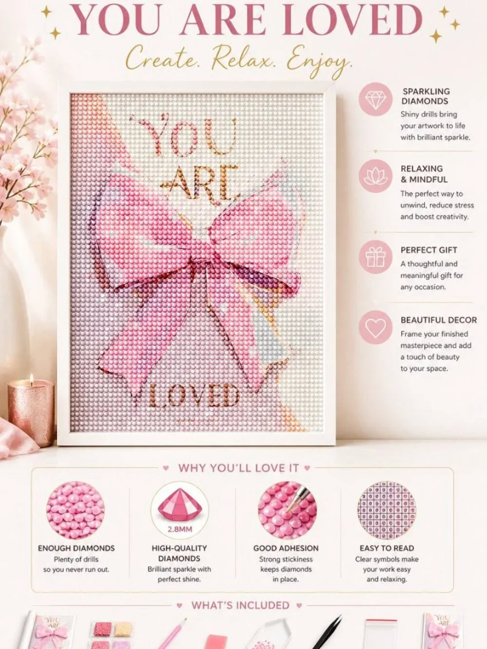 Pink Bow Diamond Painting Kit | “You Are Loved” DIY Craft | Full Drill Sparkle A